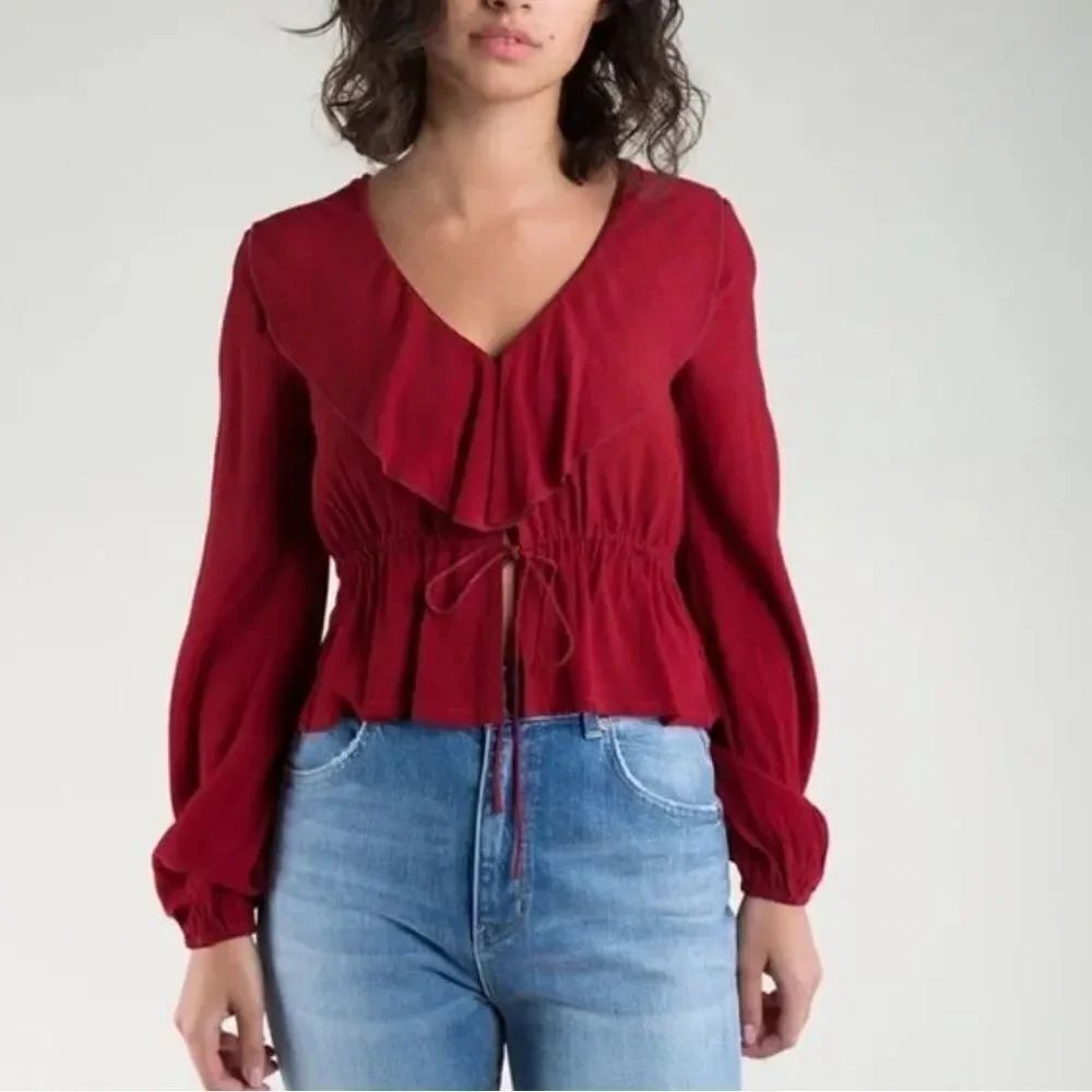 NEW Rollas Mini Spot Ruffle Currant Drawstring Waist Split Blouse Women’s Small